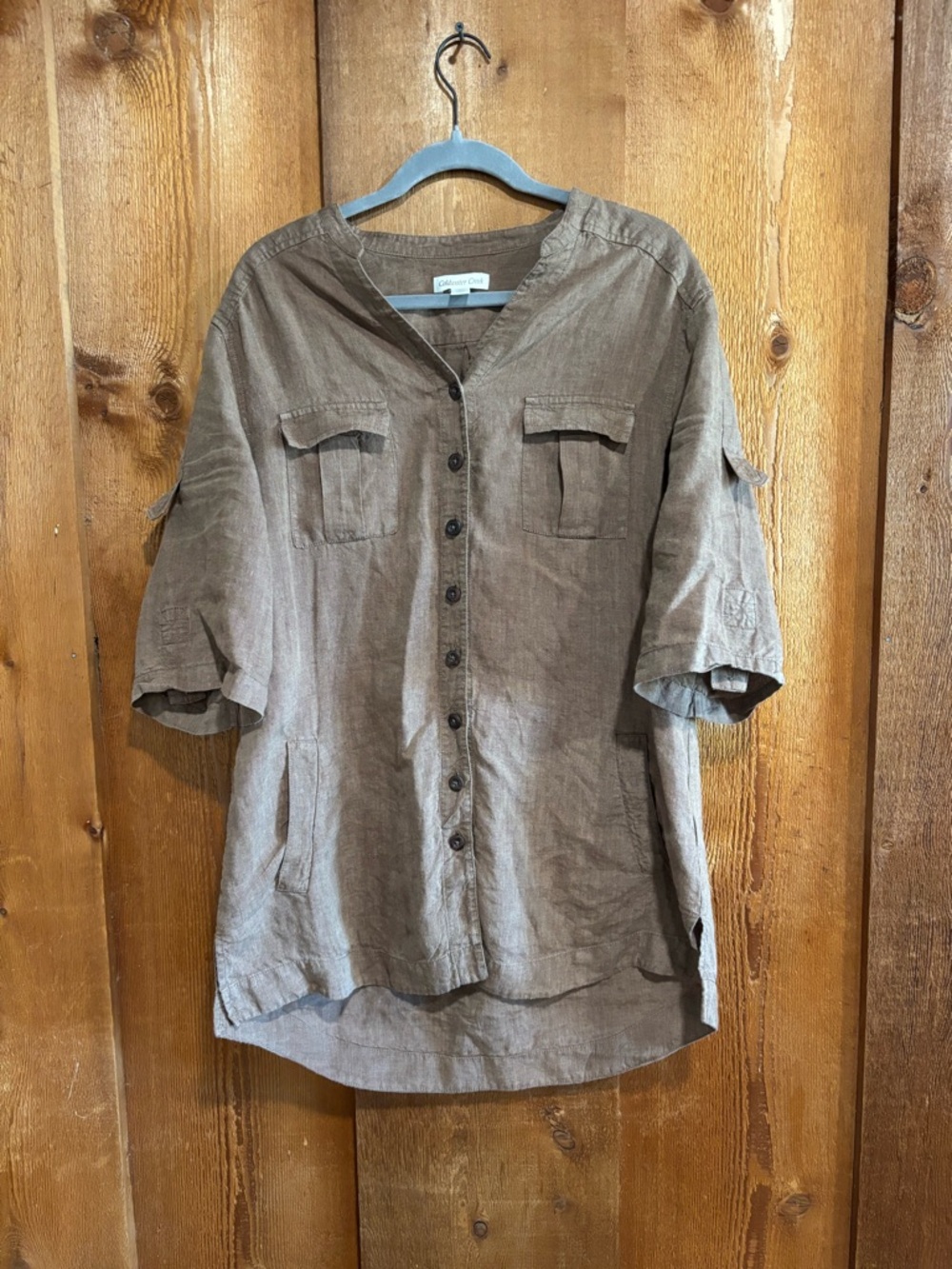 Coldwater Creek 100% Linen Utility Tunic Blouse Brown Safari Roll Tab Large 14